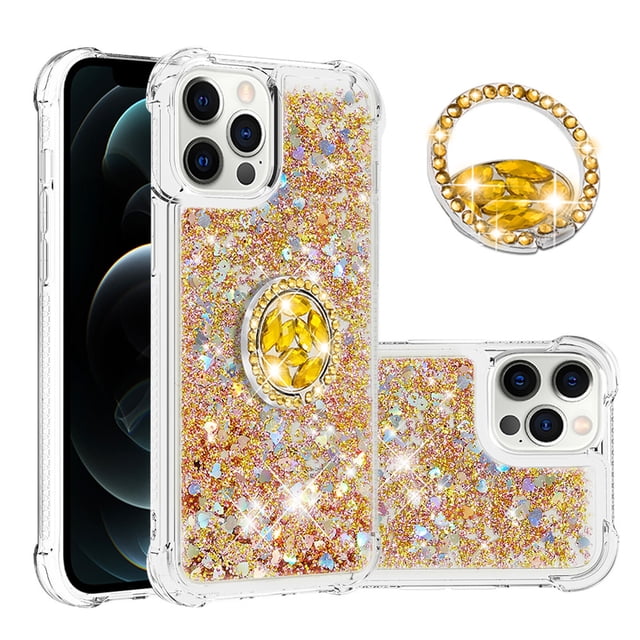 Funda para iPhone 12 PRO MAX con Brillo Líquido Flotante, Purpurina, Parachoques y Anillo Giratorio Soporte