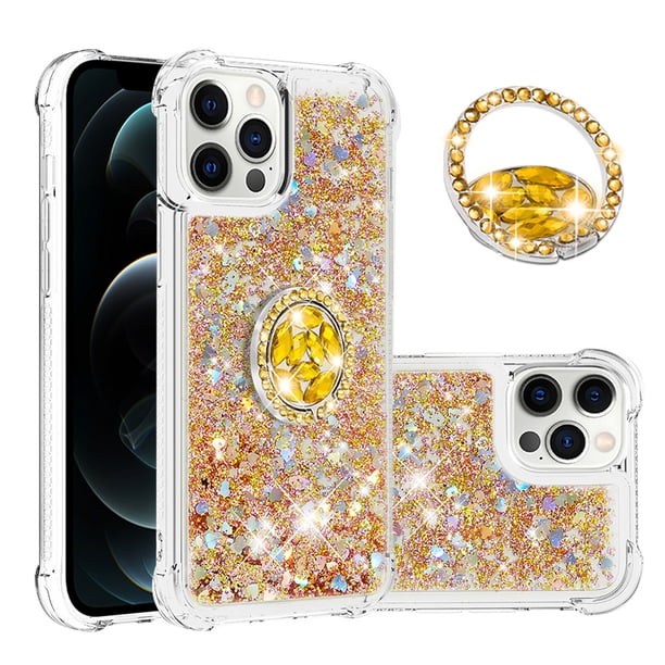 Funda para iPhone 12 PRO MAX con Brillo Líquido Flotante, Purpurina, Parachoques y Anillo Giratorio Soporte