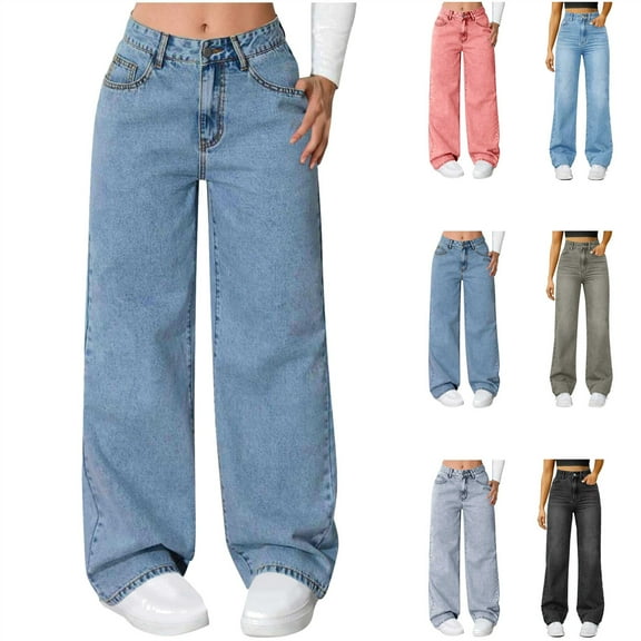 QATAINLAV Womens Baggy Wide Leg Jeans Button Low Rise Denim Pants Solid Color Jean Trousers Fall Fashion Y2k Streetwear Pink L