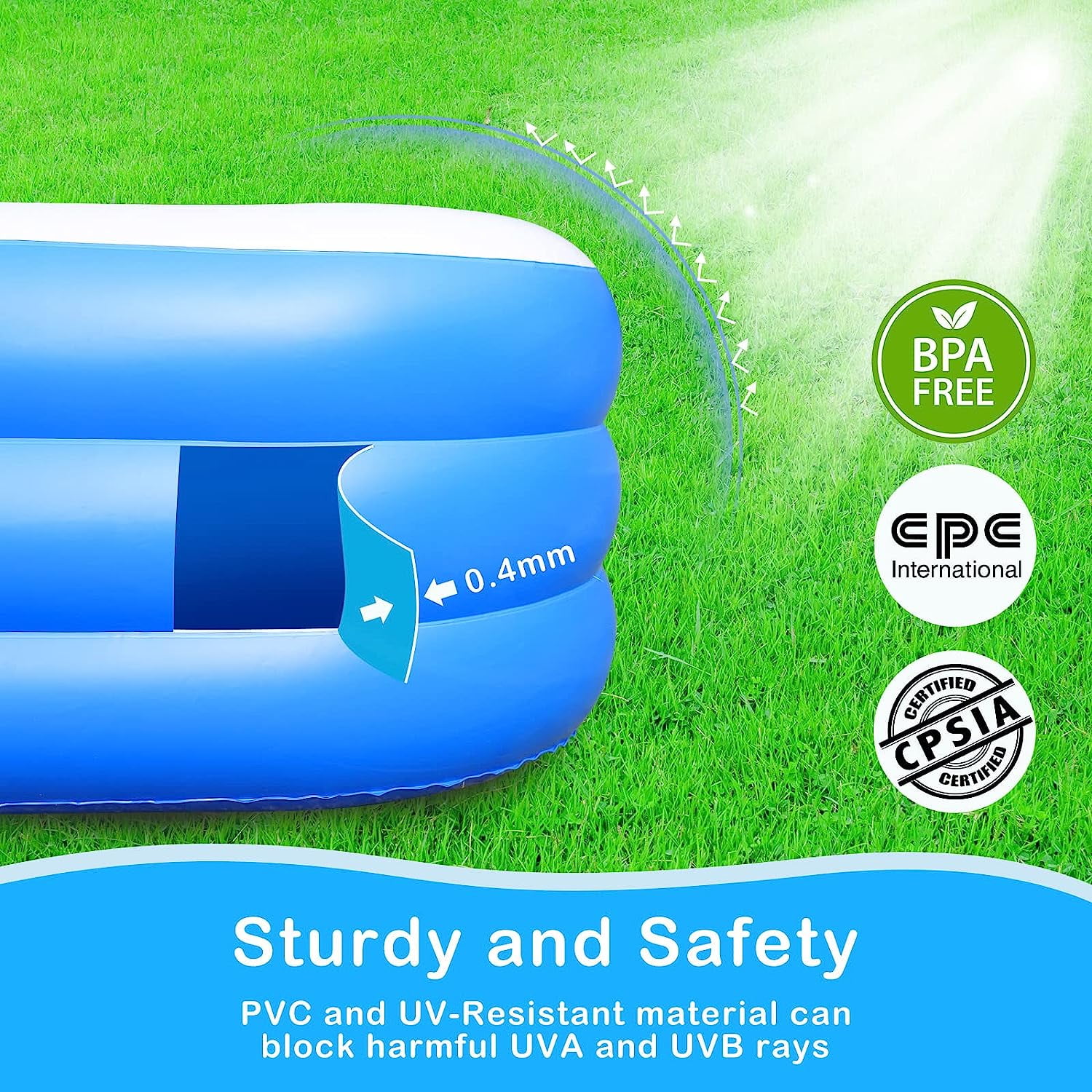 Large Inflatable Swimming Pool for Kids and Adults, Blue Rectangle Pool 120" x 72" x 22"