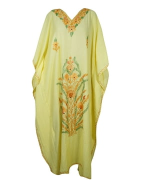 Mogul Women Lemon Yellow Maxi Caftan Dress Embellished Floral Embroidered Beach Cover Up Resort Wear House Dress 2XL