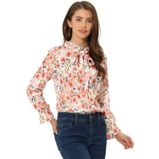 Blusa floral vintage de manga larga con cuello abotonado y pajarita para mujer Blanco S