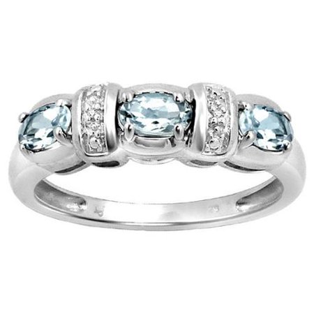 JewelonFire Silver Aquamarine Gemstone and White Diamond Accent Flower Ring