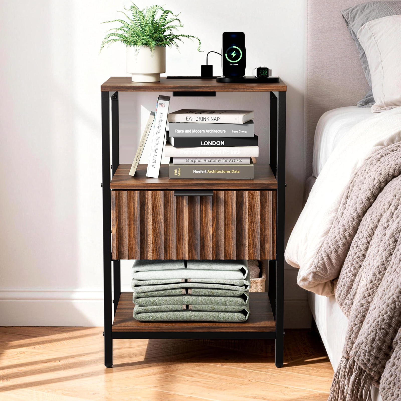 Ktaxon Fluted Nightstand with Charging Station End Table with Drawers Bedside Table Furniture for Bedroom, Living Room, Walnut Brown