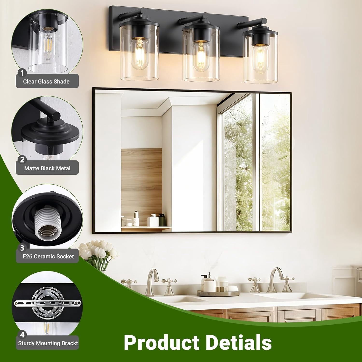 3-Lights Bathroom Vanity Light Fixtures, Modern Black Vanity Lights Over Mirror with Clear Glass Shade for Bathroom, Wall Mounted Lamp for Bedroom Hallway Living Room