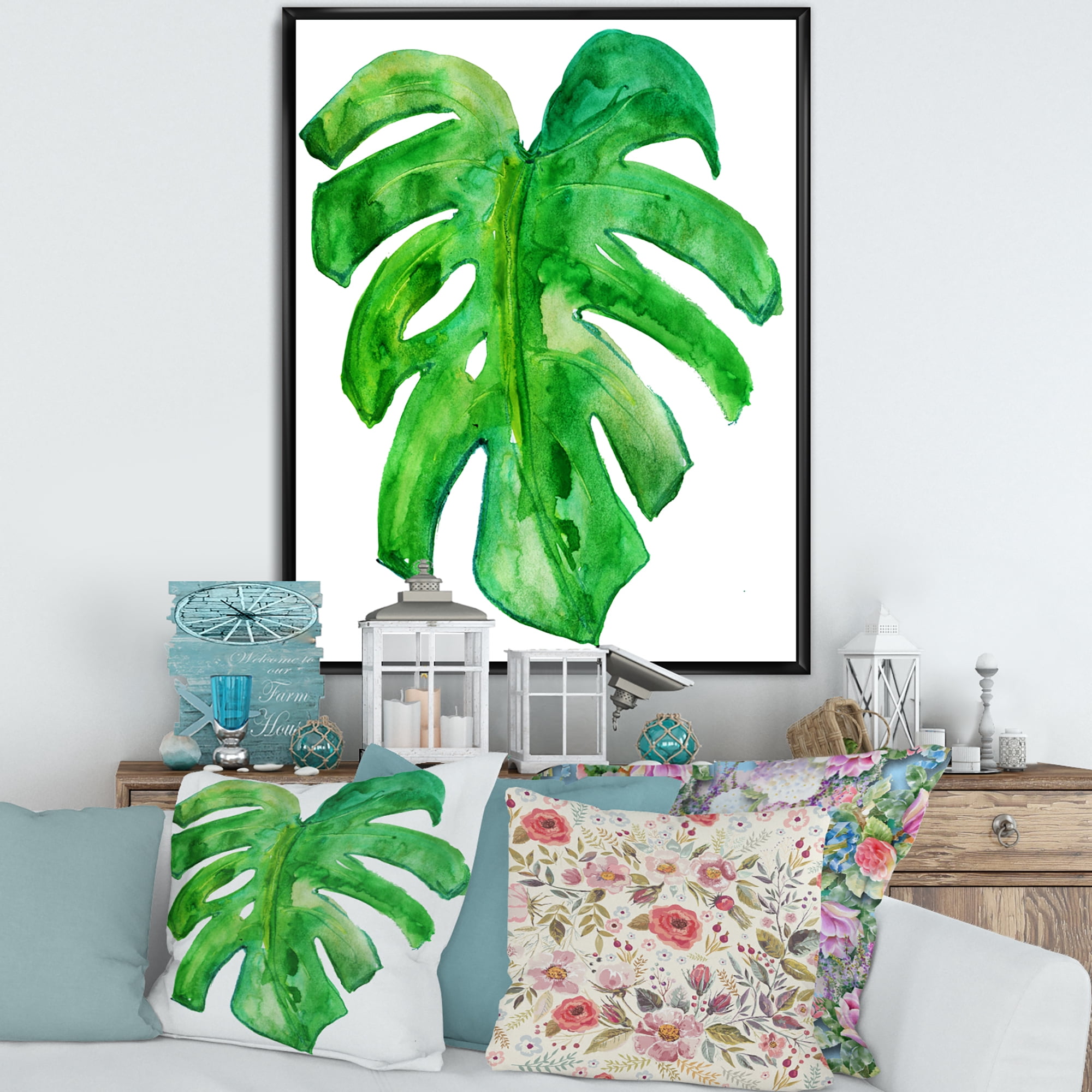 Designart 'Close Up Of Tropical Leaf Of Monstera I' Farmhouse Framed Canvas Wall Art Print