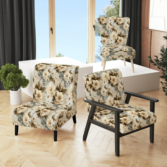 Designart « Ethereal Flourishing Rococo II » Fauteuil d'Appoint Rembourré Beige à Motif Floral - Fauteuil de Style Champêtre pour Salon