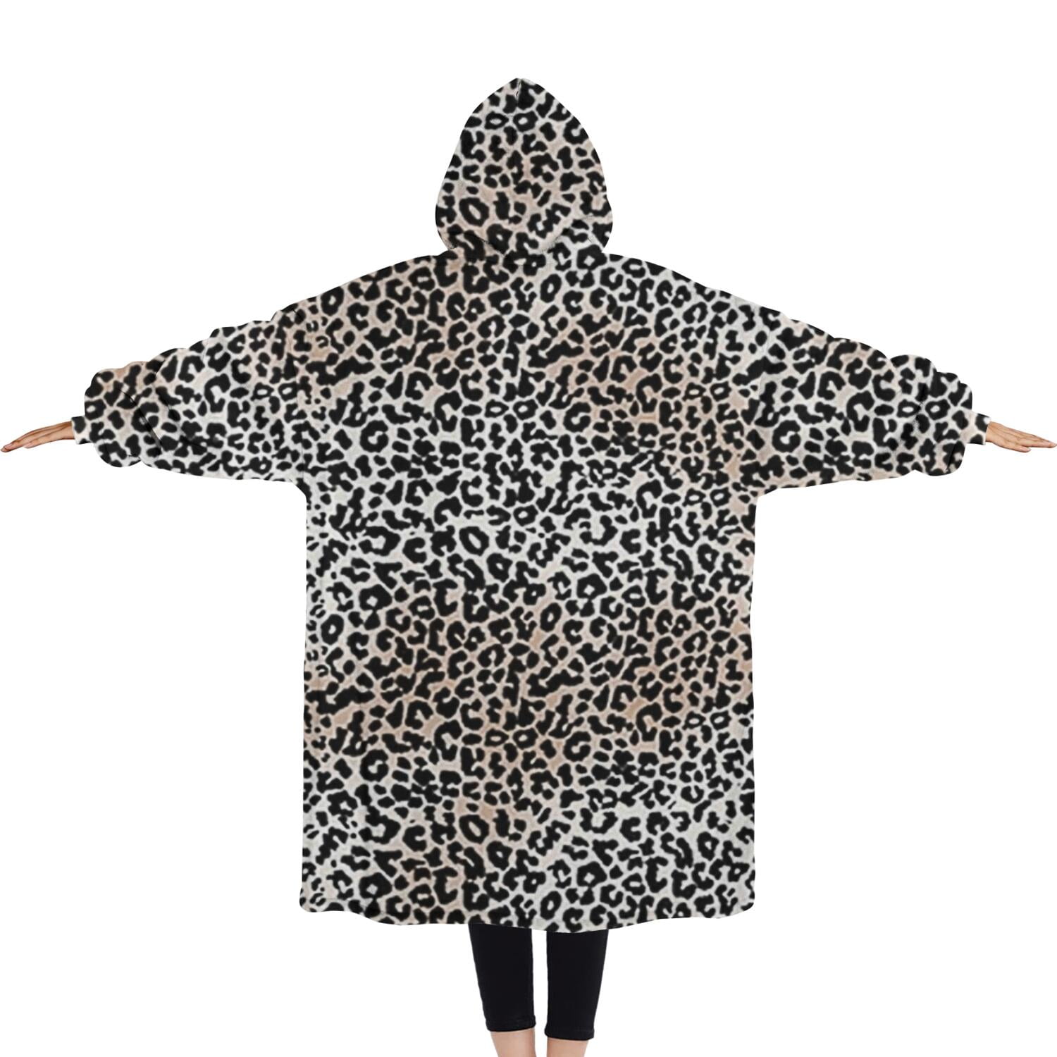 Oversized Wearable Blanket Hoodie,Black and Tan Leopard Print Sherpa Blanket Hoodie with Super Pockets,Super Warm Fuzzy Pullover for Women & Men