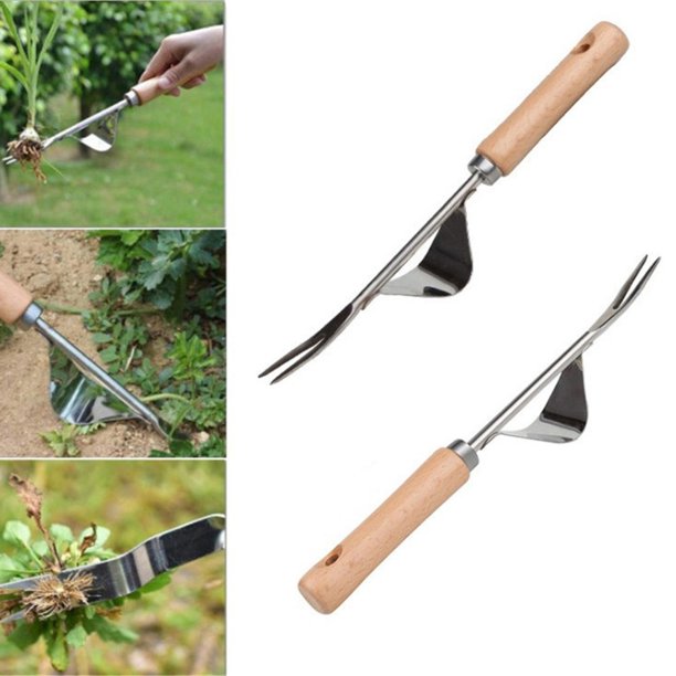Desmalezadora manual de acero inoxidable 2025 con mango de madera | Punta de tenedor dentada Herramienta de jardín a prueba de óxido para facilitar la eliminación de malezas | Acción de palanca de