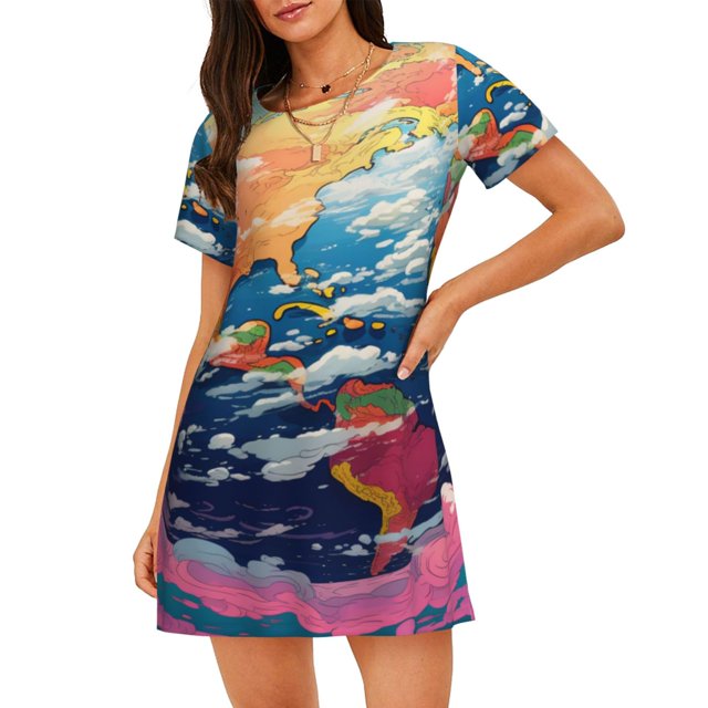 Fotbe Colorful Whimsical Earth Bata de Dormir para Mujer con Estampado, Camisón de Algodón de Manga Corta, Ropa de Dormir Casual