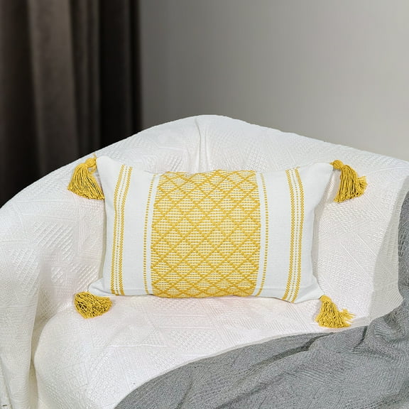Firefly Hope 1Pcs 17.7×11.8in Rectangular Lumbar Pillow, Simple Thickened Jacquard Tassel Accent Pillow for Sofa & Home Decoration, Yellow