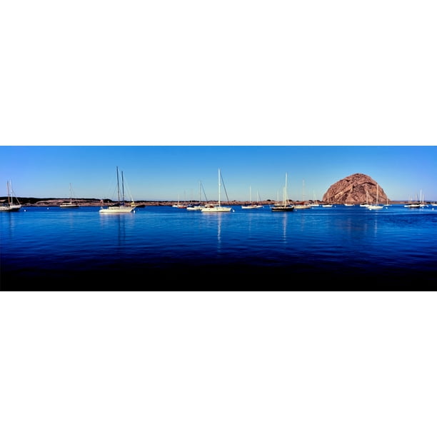Boats At Harbor In Front Of The Morro Rock Morro Bay San Luis Obispo County California Usa Stretched Canvas Panoramic Images 6 X 18 Walmart Com Walmart Com