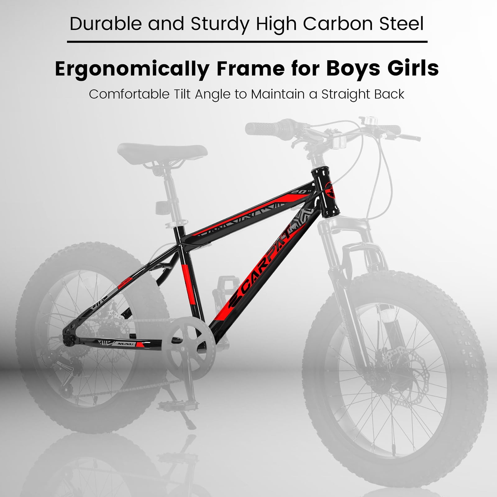 20 Inch Men-Lightweight Fat Tire Bike, High Carbon Steel Frame, Front Suspension, 7-Speed, Ideal for Snow and Off-Road Riding, Red