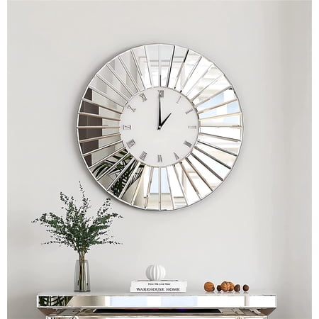 SHYFOY Mirror Glass Wall Clock 24 in Round Silver Glass Finish Decorative Wall Clock for Living