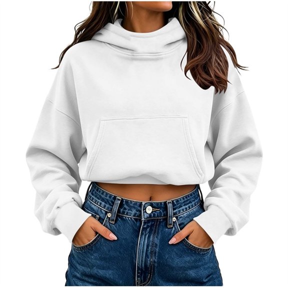 Vivianyo HD Women's Fall Winter Ultra Casual Cropped Hoodie, Drop Shoulder Long Sleeve Crop Tops Front Pocket Solid Pullover Sweatshirt for Women, Women's White Hoodie, Sizes S-2XL
