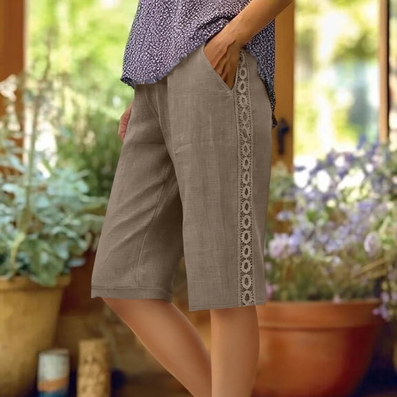 Sokhug Women Capri Pants Linen Cotton with Lace Side Trim Elastic Waist Bermuda Shorts with Pockets Casual Cropped Pants