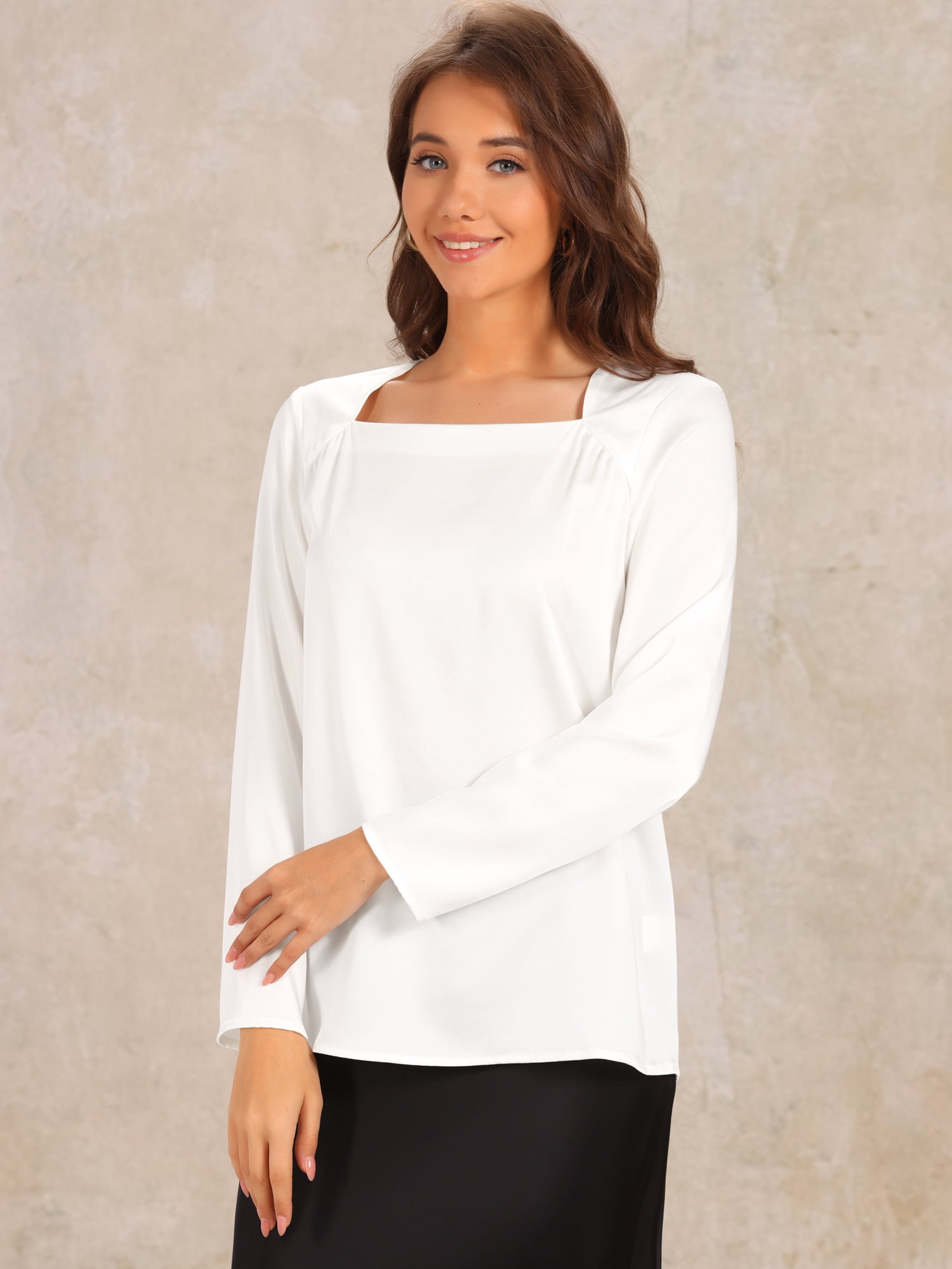 DARING DIVA Women's Square Neck Loose Flowy Business Blouses S White