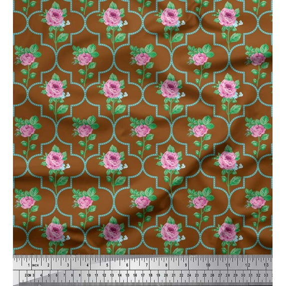 Soimoi Georgette Viscose Fabric Quatrefoil Design,Leaves & Rose Floral Print Fabric by the Yard 42 Inch Wide