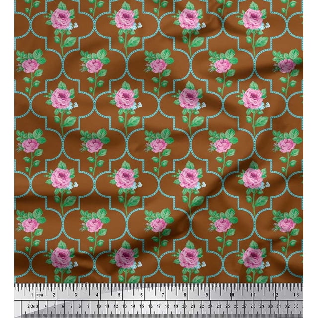 Soimoi Tissu en Voile de Coton Design Quatrefoil, Imprimé Floral Feuilles & Roses au Mètre 42 Pouces de Large