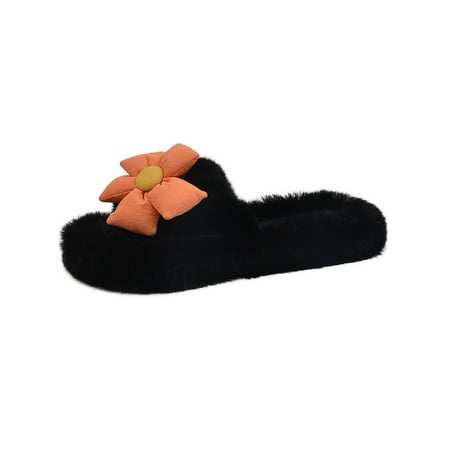 

Daeful Ladies Cozy Open Toe Plush Slippers Bedroom House Shoe Indoor Flower Fuzzy Fluffy Slides Black 4.5