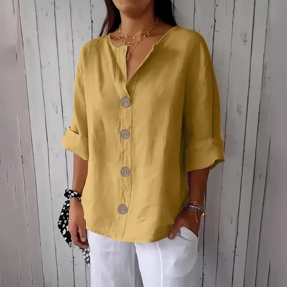 Tidyack,Solid Color V-Neck Top, Loose Fit Linen Shirt, 3/4 Sleeve, Button Detail, Casual Wear, Daily Outfit, Breathable Fabric, Summer Dress, Women's Fashion | 60%Cotton,40%Linen, Yellow