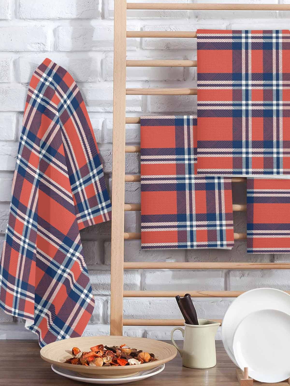 Orange Blue Hand Towels Set, Waffle Weave Kitchen Towels 4 Pieces, British Style Buffalo Plaid Lattice Microfiber Hair Face Bath Tea Towel Absorbent Quick Drying Cleaning Dish Cloths, 15.7"x23.6"