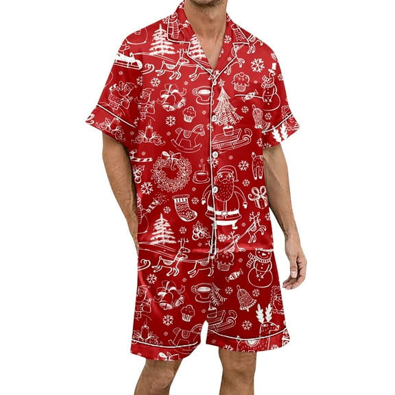 Yuanlong Mens Pajamas Sets Christmas Turn-Down Collar Top And Shorts 2-Piece Outfit Pajama Nights Party Home Relaxed Cozy Male Sleepwear