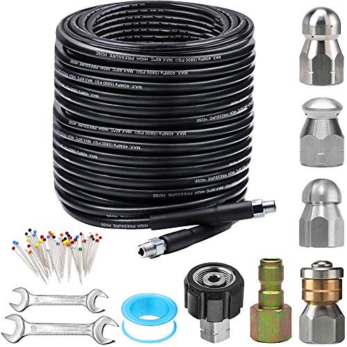 Kit desatascador de tuberías ZOFINE con manguera de 150 pies y boquillas de 5800 PSI