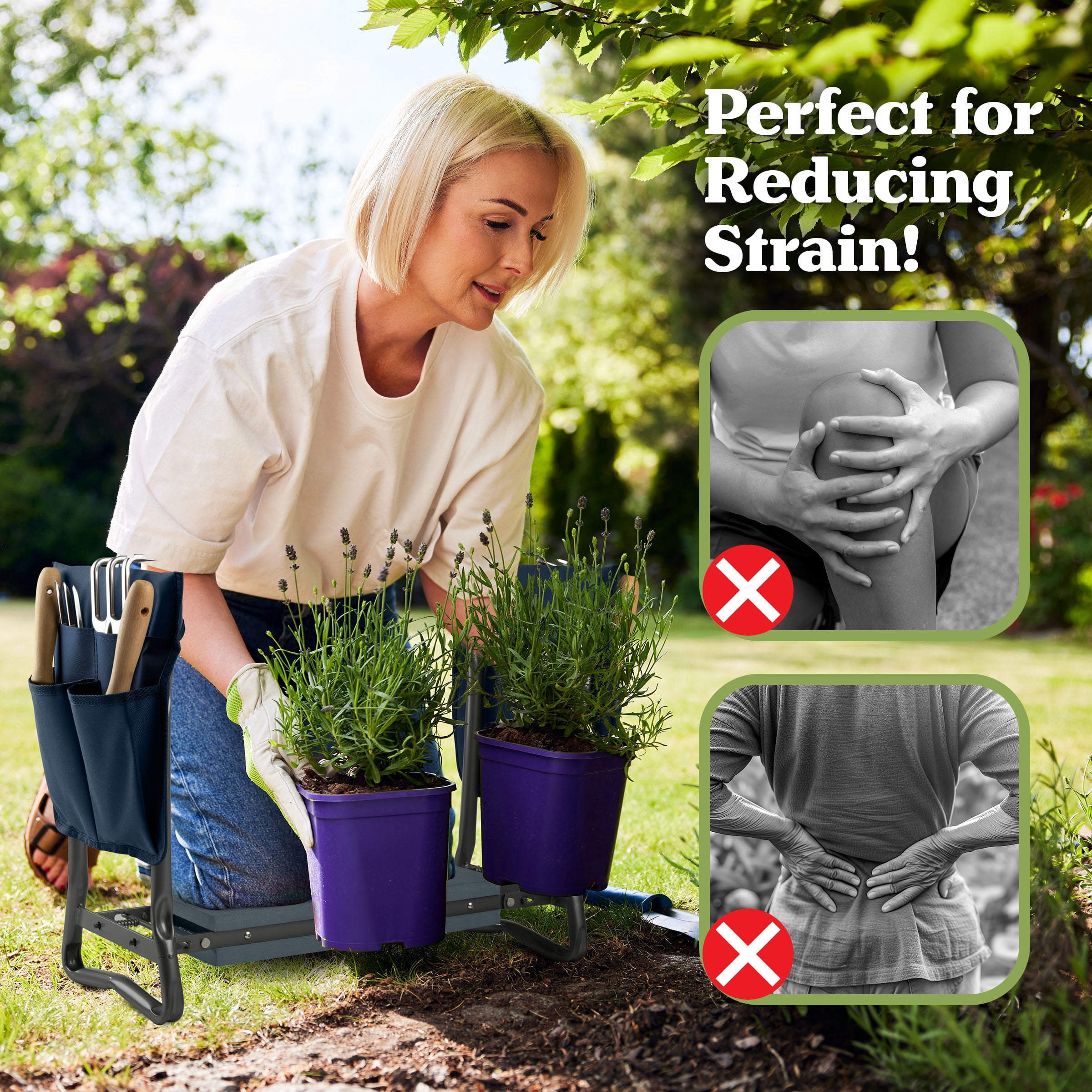 Pure Garden 2-in-1 Garden Kneeler & Stool – Folding Bench with EVA Pad & Tool Pouches, Navy Blue