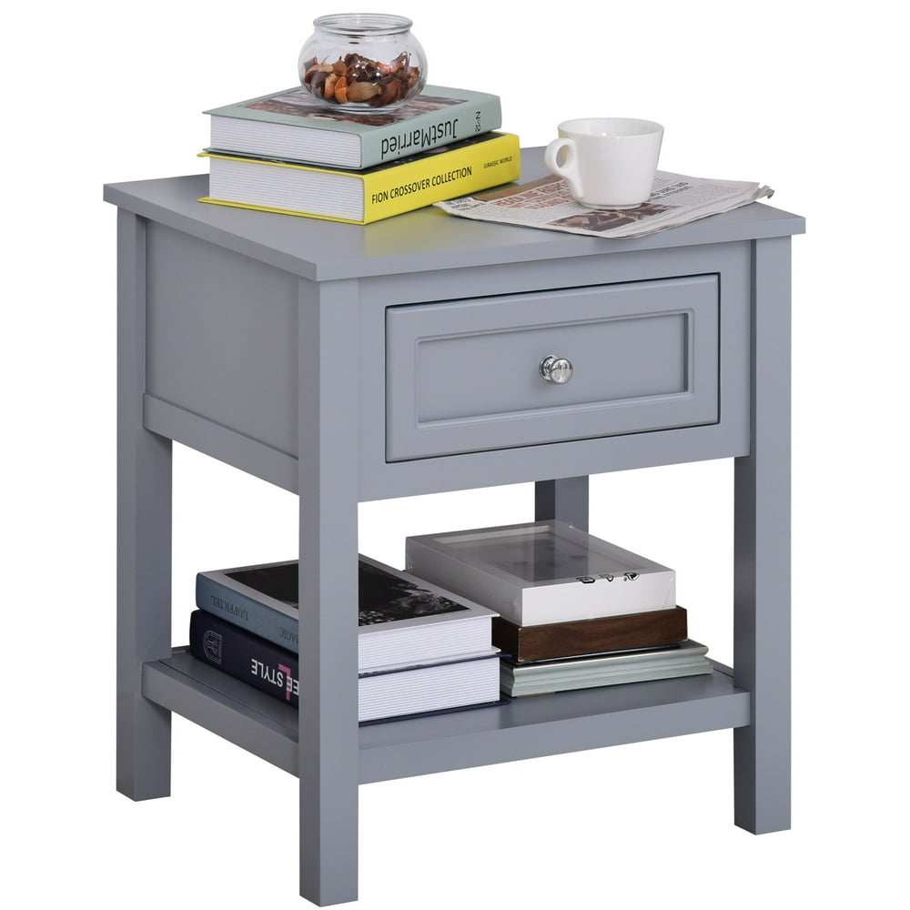 Accent End Table Nightstand with Grey Tabletop, Storage Drawer, and Bottom Shelf