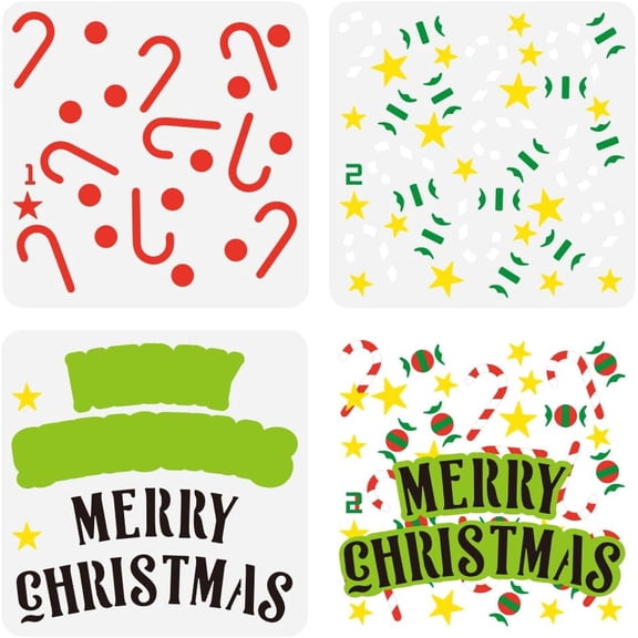 3 PCS Merry Christmas Painting Stencil 5.9x5.9inch 3 Styles Layered Candy Cane Stencil Decorative Stars Stencil Reusable Crutch Candy Stencil
