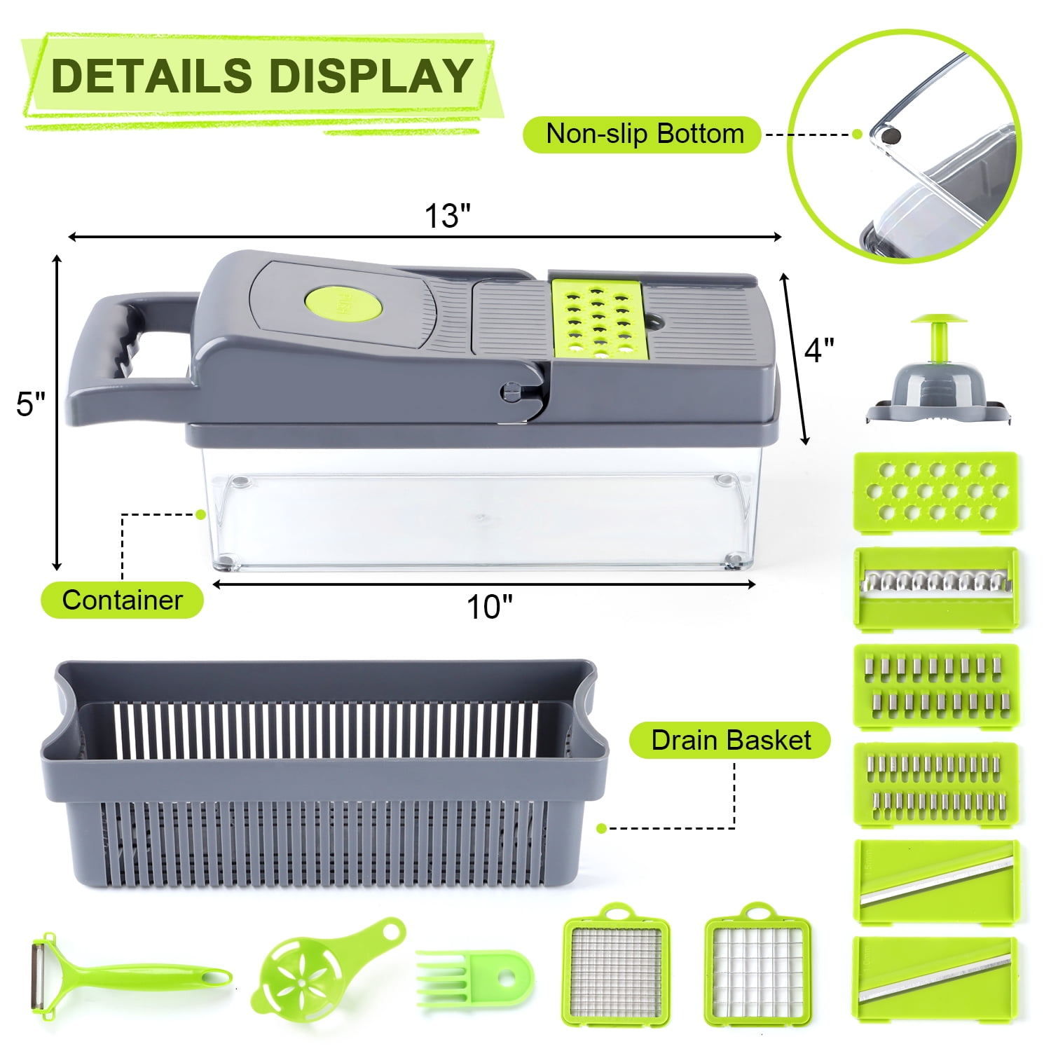 Vesteel 14 in 1 Vegetable Chopper, Multifunctional Food Chopper Vegetable Fruit Cutter Dicer Slicer with 8 Blades, Onion Chopper with Container & Drain Basket