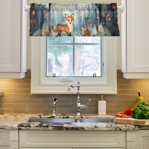 Foxes Trees Forest Flowers Curtain Valances Farmhouse Design Window Treatment Decor Blackout Rod Pocket for Windows Living Room Kitchen 54" x 18"