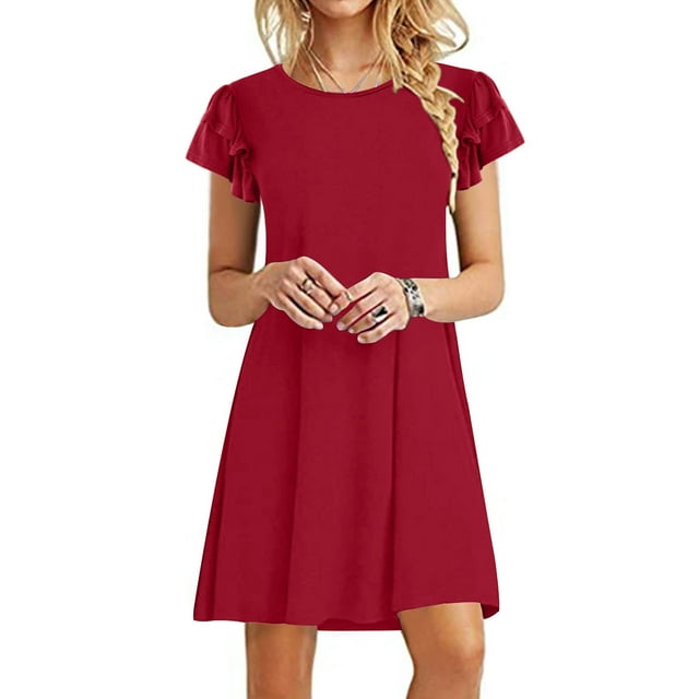 Meichang Summer Dresses for Women 2024 Ruffle Short Sleeves Mini Dresses Casual Crew Neck Solid Color Dresses Loose Fit Flowy Dresses Trendy Casual Party Dresses