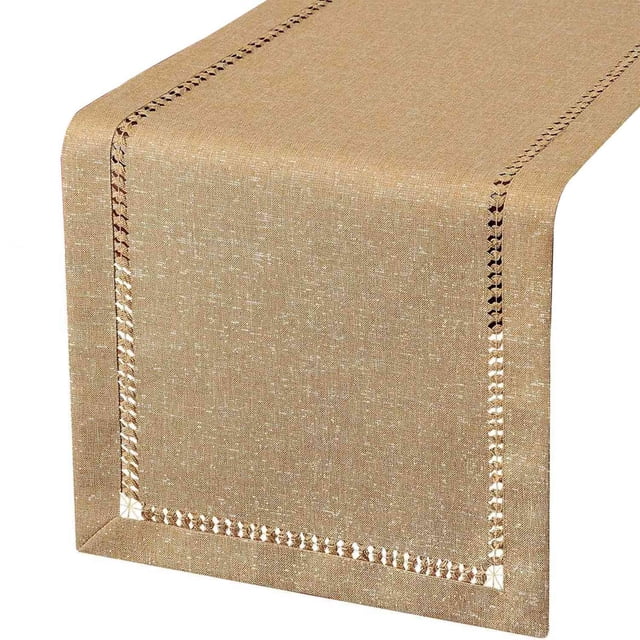 Hand Hemstitched Dining Table Runner Dresser Scarves, Silver Thread Interweaving (Dark Beige, 12 x 72 Table Runners)