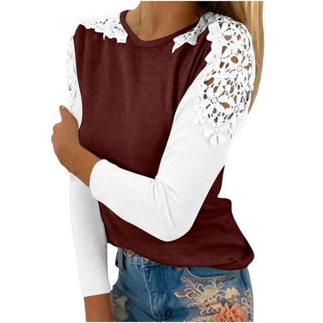 FcBaudy Hauts pour Femmes, Blouses & Chemises à Manches Longues Col Rond, Chemises pour Femmes Décontractées Col Rond Dentelle Ajourée Chandail Blouse T-shirt Hauts Blouse pour Femmes