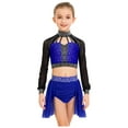 thumbnail image 3 of Haitryli Kids Girls Two Piece Ballet Lyrical Dance Outfit Long Sleeve Shiny Rhinestone Crop Top with Ruched Skirt Blue 16, 3 of 4