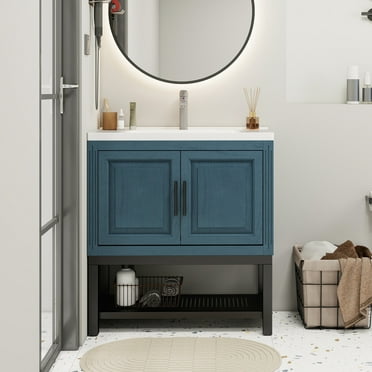 32" Bathroom Vanity and Sink Combos, Modern Bathroom Storage Cabinet with Hot and Cold Faucet, Freestanding Bathroom Vanities with 2 Storage Doors and Open Iron Shelf, Blue