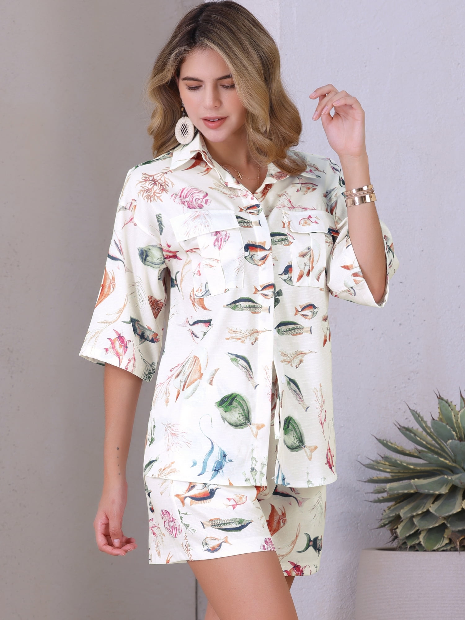 DARING DIVA Women's 2 Pieces Beach Outfits Printed Button Down Shirt and Shorts XS White