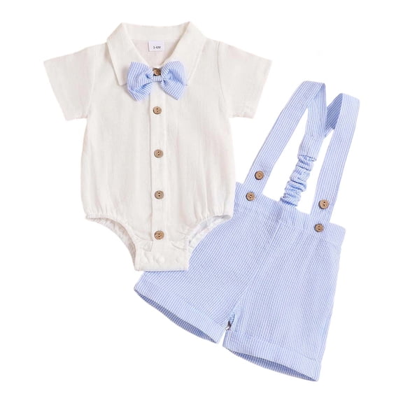 FYDUU Baby Boy Clothes Suit Boys Summer Short Sleeve Dress Shirt Romper Striped Suspenders Shorts Bowtie Toddler Casual Formal Outfit,9-12 Months