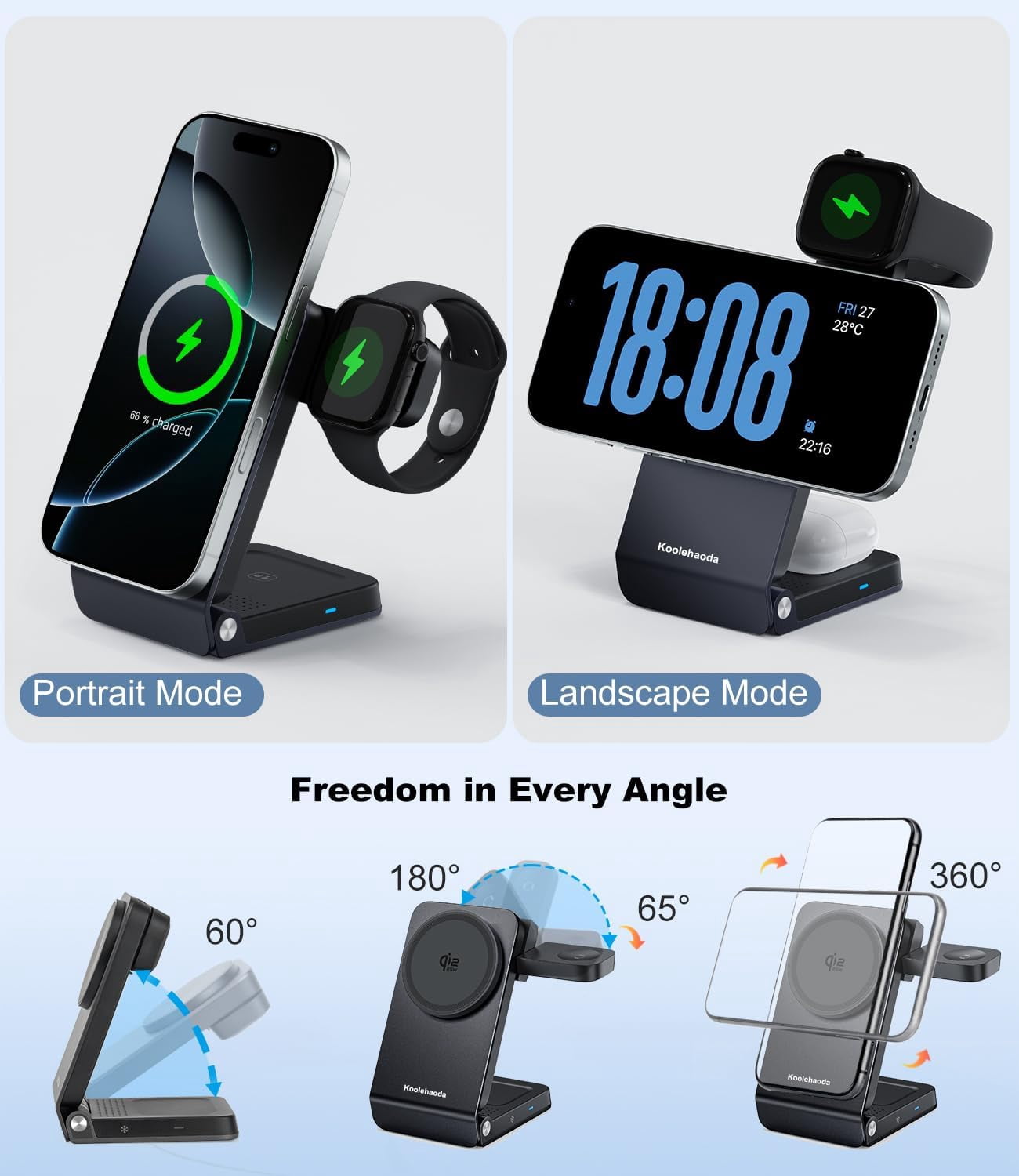Koolehaoda 3 in 1 Charging Station for MagSafe Qi2.2 25W Fast Charger Magnetic Wireless Foldable Stand with TEC Active Cooling for iPhone 17-12 Series/ S26 Ultra/Pixel 10/ Apple Watch/AirPods