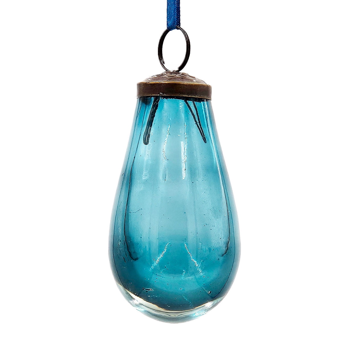 Blue Glass Teardrop Christmas Ornament Set with Brass Cap Modern Art Festive Decor Tree Garland Wedding Backdrop