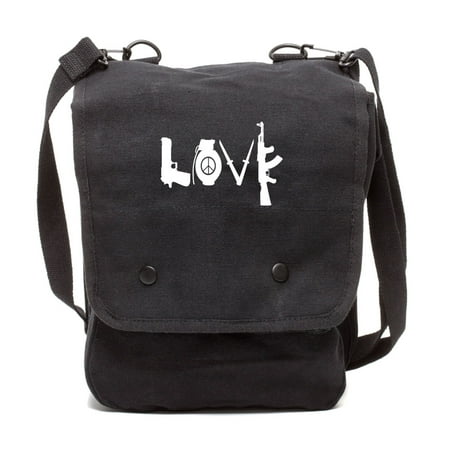 LOVE Peace Sign Grenade AK Canvas Crossbody Travel Map Bag Case in Black & (Best Ak 74 For The Money)