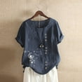 thumbnail image 2 of FAVIPT Cotton Shirts for Women Casual Summer Bohemian Floral Print Soft Blouses Crew Neck Button Up Tops Casual Fashion Camp 2025 Tees Navy,XL, 2 of 4