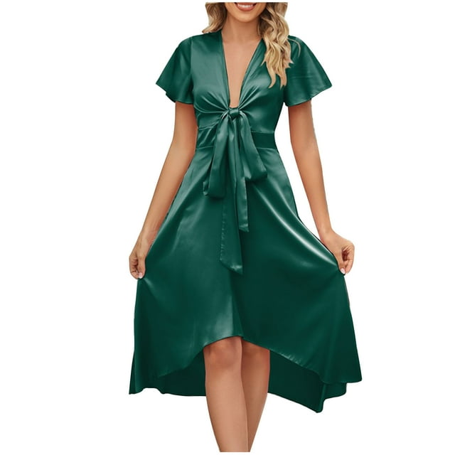 FAIWAD Robe d'Été en Satin pour Femme à Col en V, Manches Courtes, Laçage devant, Taille Haute, Ligne A, Cocktail, Soirée, Midi