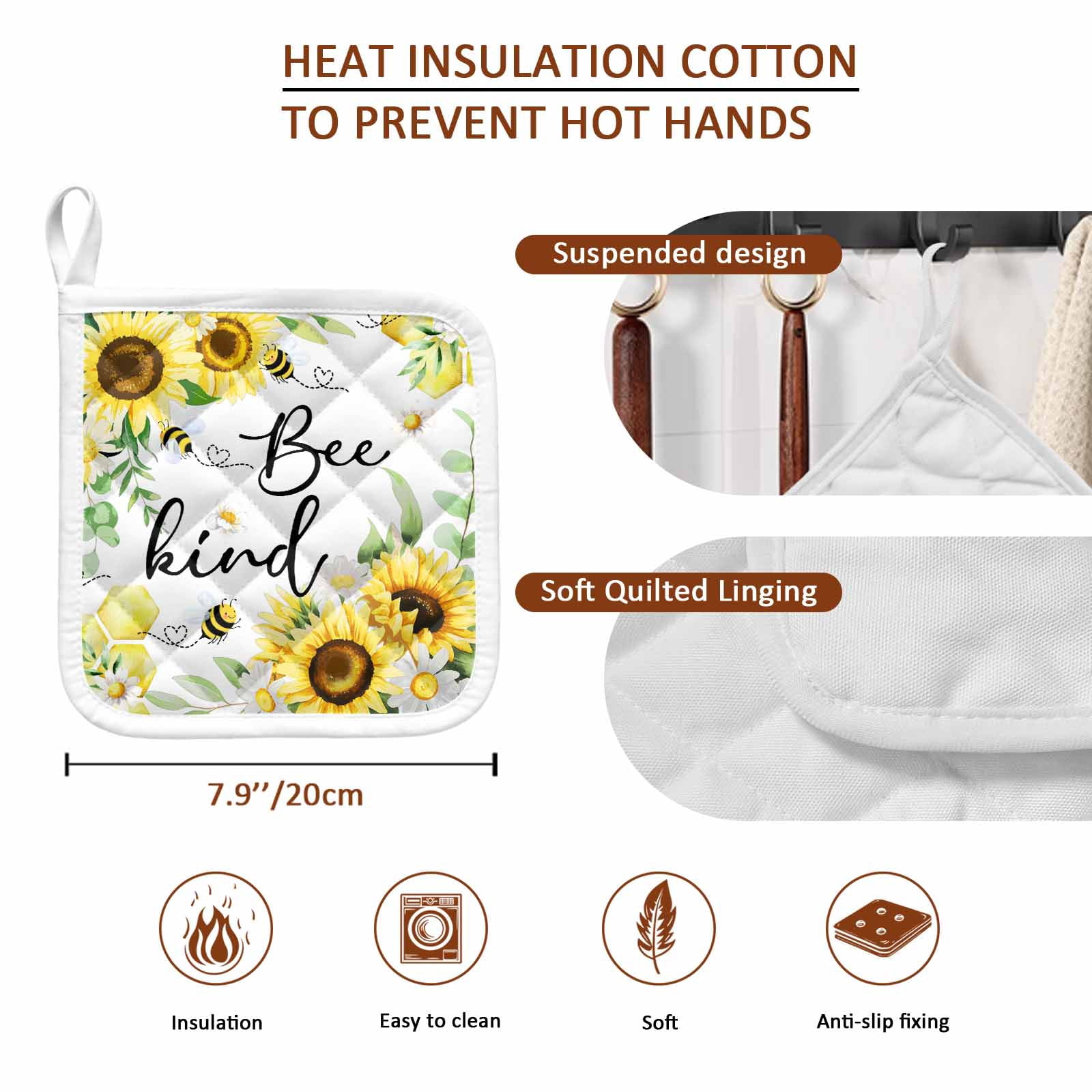 Sunflower Floral Pot Holders for Kitchen Heatproof Potholder, 4 Pack Farmhouse Pastoral Daisy Bees Botanical Hot Pads Multipurpose Oven Pads Cloth Potholders Trivet for Cooking and Baking