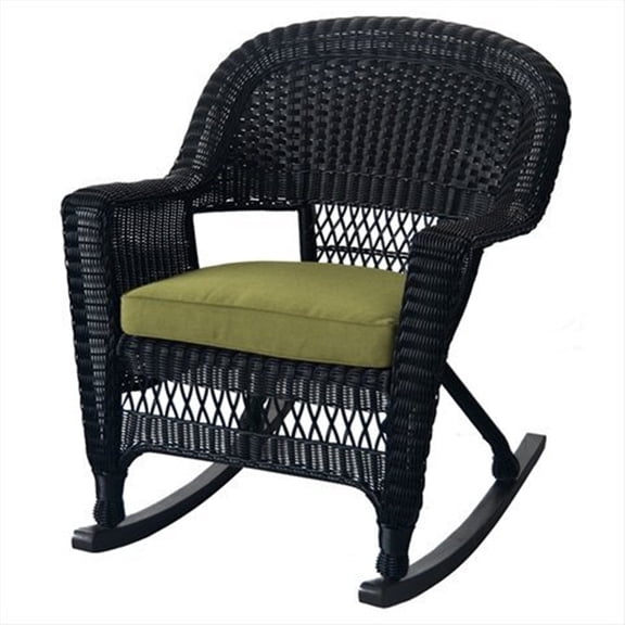 Jeco Black Rocker Wicker Chair with Sage Green Cushion - Set of 2-Finish:Black
