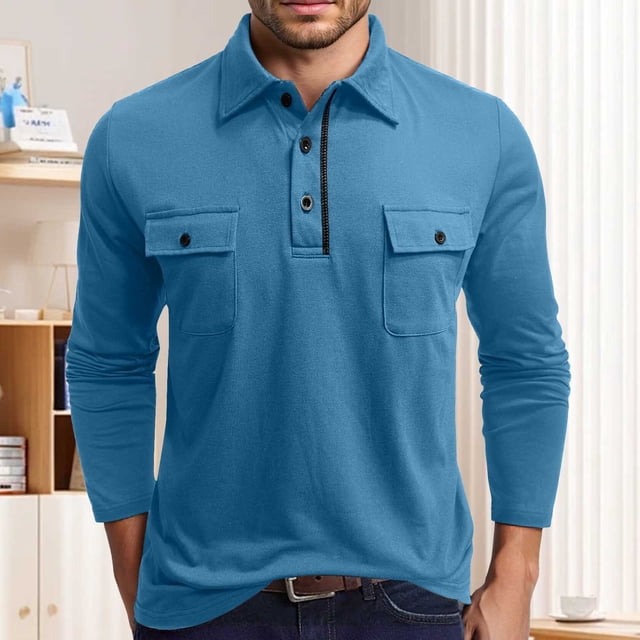 Adult Men's Polo Shirts Long Sleeve Button Tees Shirts Basic Blue Mens Beach Outfit