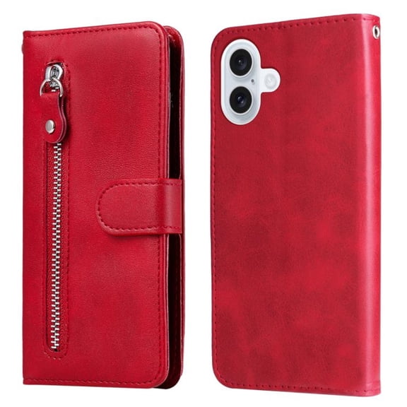 For iPhone 16 Plus 6.7-inch Wallet Case for Women Men Multi-Card Slots Zipper Pocket Leather Phone Case,Red,For iPhone 16 Plus