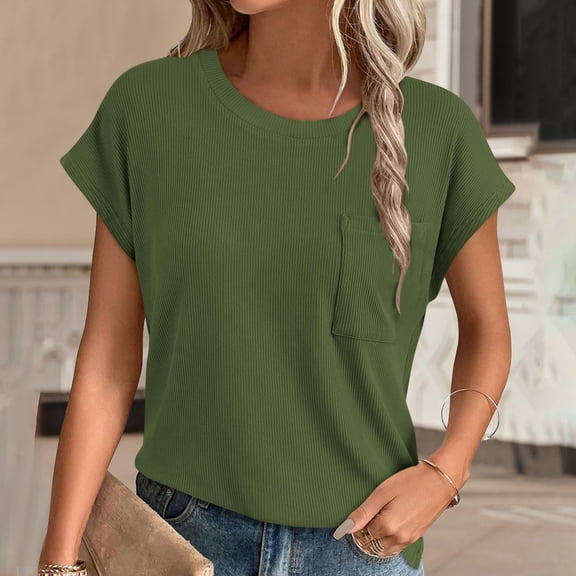 Blmnix Womens Tops Fall Green Short Sleeve Vacation Casual Solid Ribbed Blouse Tops for Lady 2024